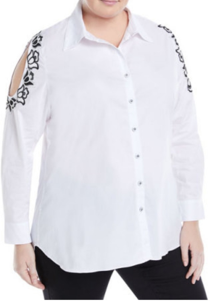 Neiman Marcus Embroidered Cold Shoulder Plus Top